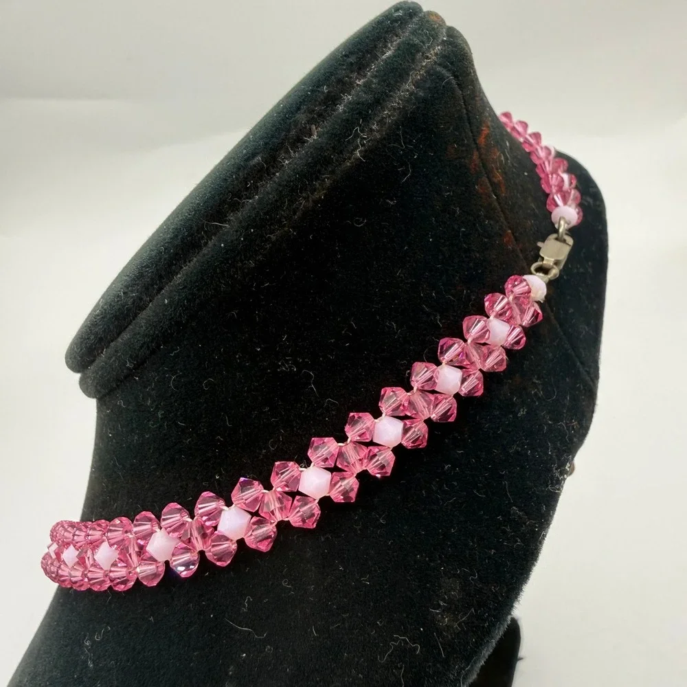 Handmade Pink Crystal Beaded Woven Necklace 17 Inch‎ Bicone Sparkle Artisan